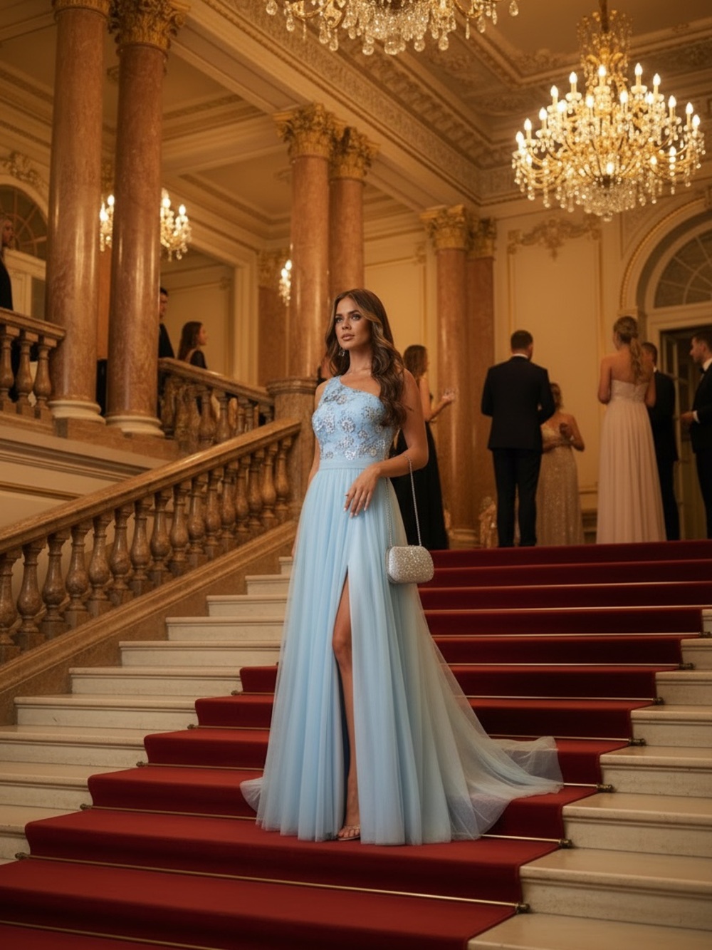 One-Shoulder Light Blue Prom Gown with Embroidered Bodice